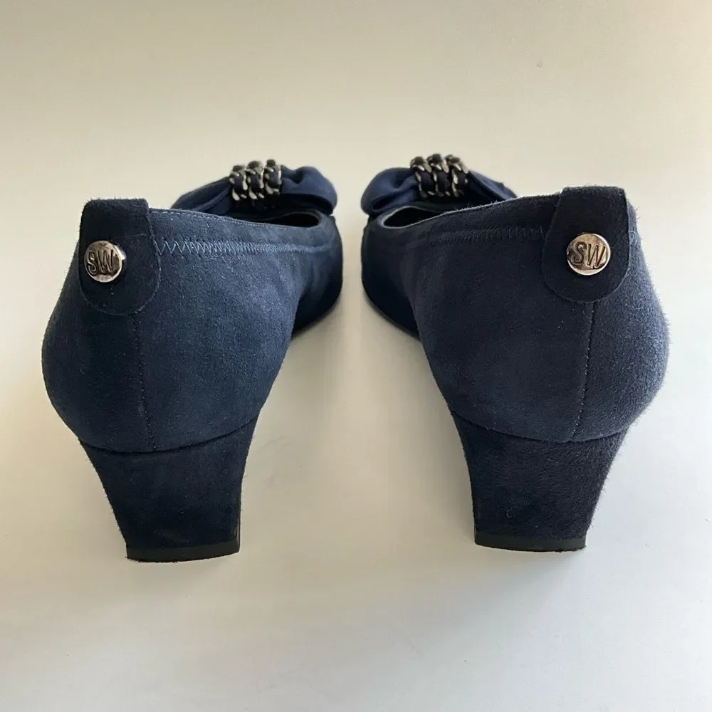 Stuart Weitzman Suede Wedge Bow Front Shoes Blue 7